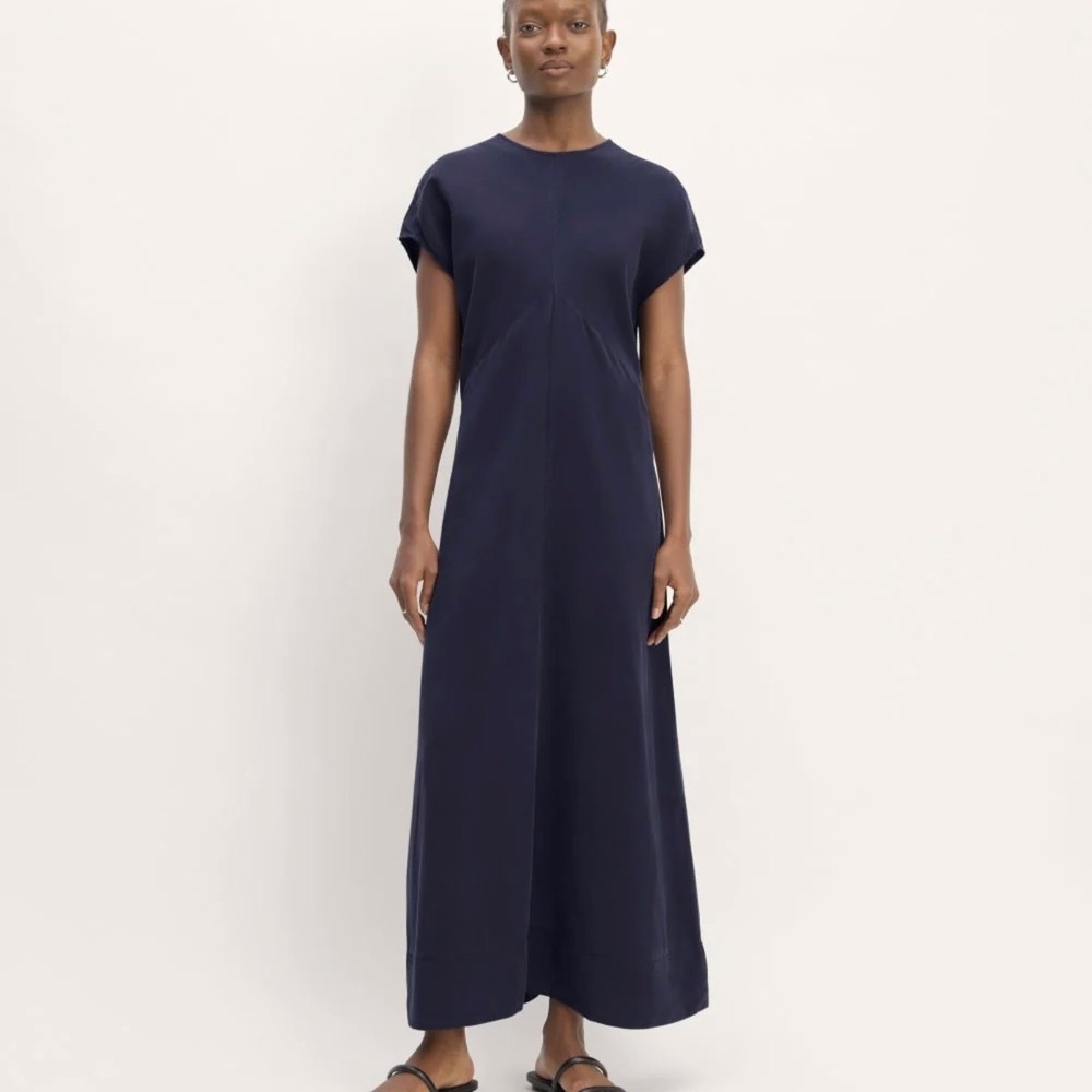 Everlane Women's True Navy Midi Dress Cap Sleeve V-Seam Detail Size 00 NWT
